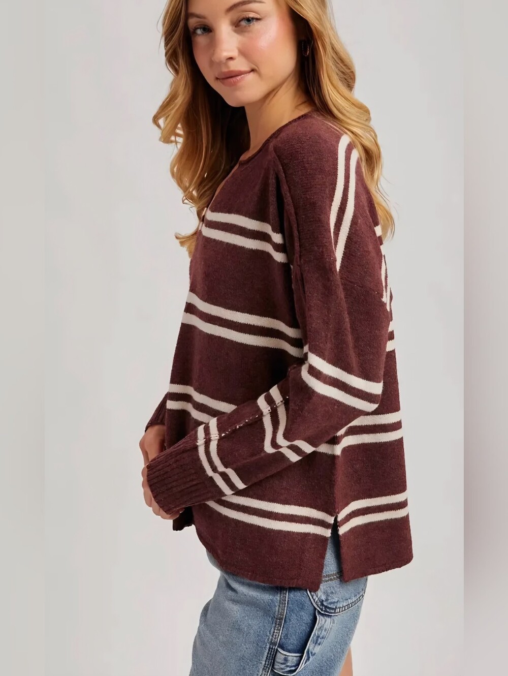 Bluivy Notch-Neck Striped Knit Sweater - Picture 4 of 9